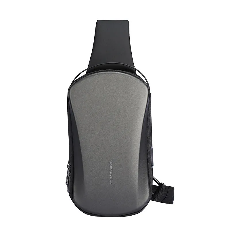 Men's hard shell chest bag in gray, waterproof PU Oxford fabric, 30x18x10cm with adjustable shoulder strap