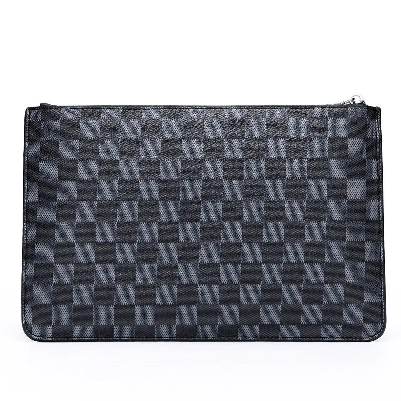 Men's black checkered PU leather clutch wallet showing six card slots and zipper pocket