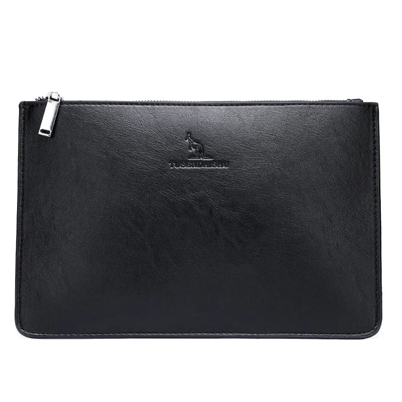 Men's black checkered PU leather clutch wallet showing six card slots and zipper pocket