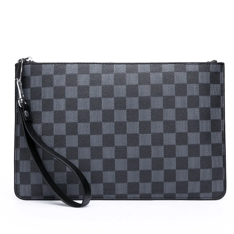 Men's black checkered PU leather clutch wallet showing six card slots and zipper pocket