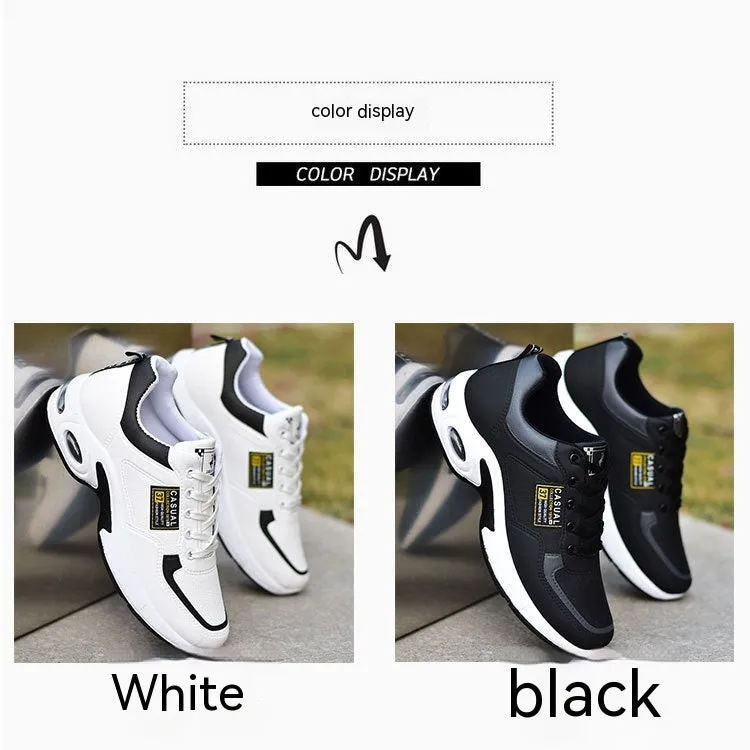 Men's waterproof leather casual running shoes in black with vulcanised rubber sole and lace-up closure