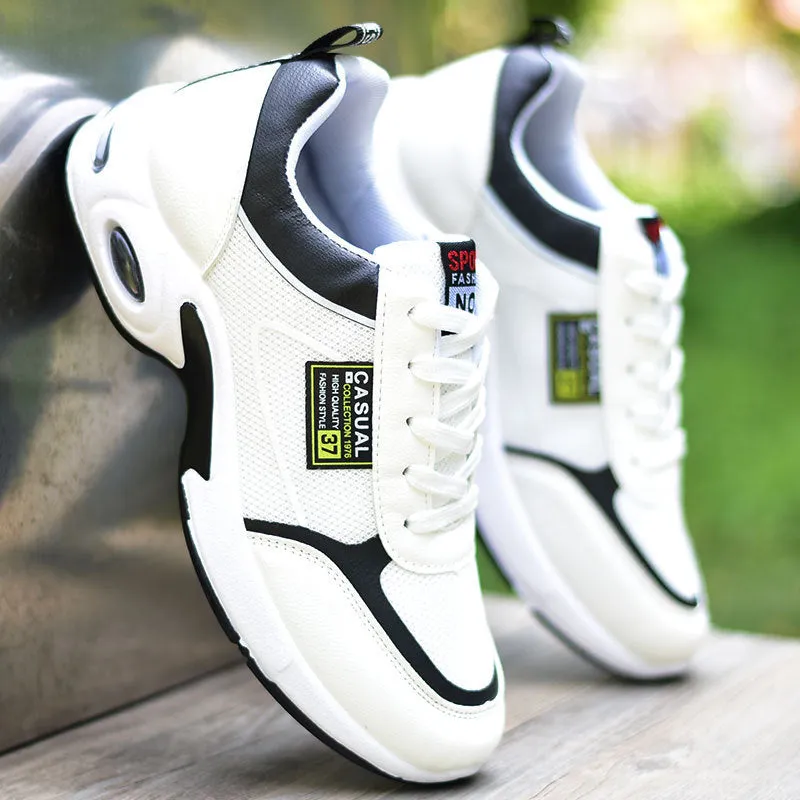Men's waterproof leather casual running shoes in black with vulcanised rubber sole and lace-up closure