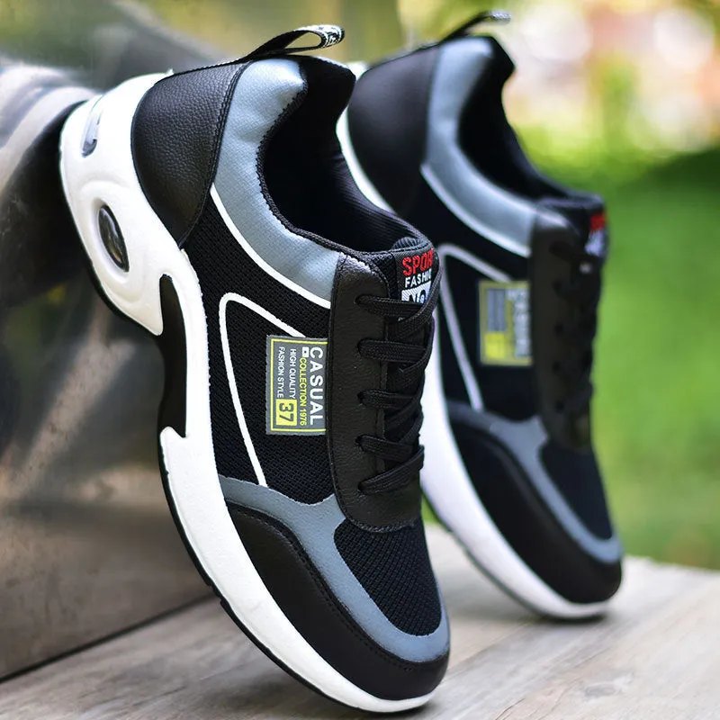 Men's waterproof leather casual running shoes in black with vulcanised rubber sole and lace-up closure
