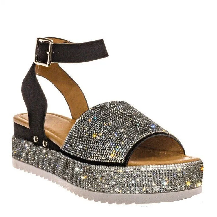 Rhinestone platform sandals for women in black with PU upper and rubber sole