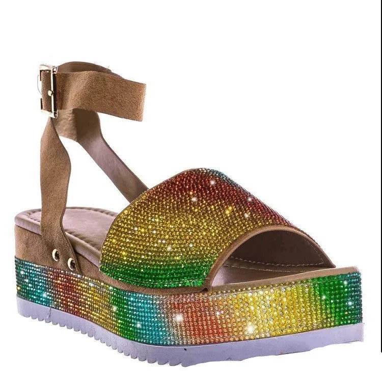Rhinestone platform sandals for women in black with PU upper and rubber sole
