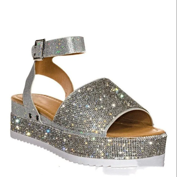 Rhinestone platform sandals for women in black with PU upper and rubber sole