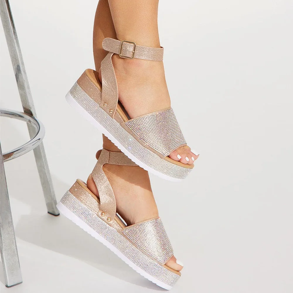 Rhinestone platform sandals for women in black with PU upper and rubber sole