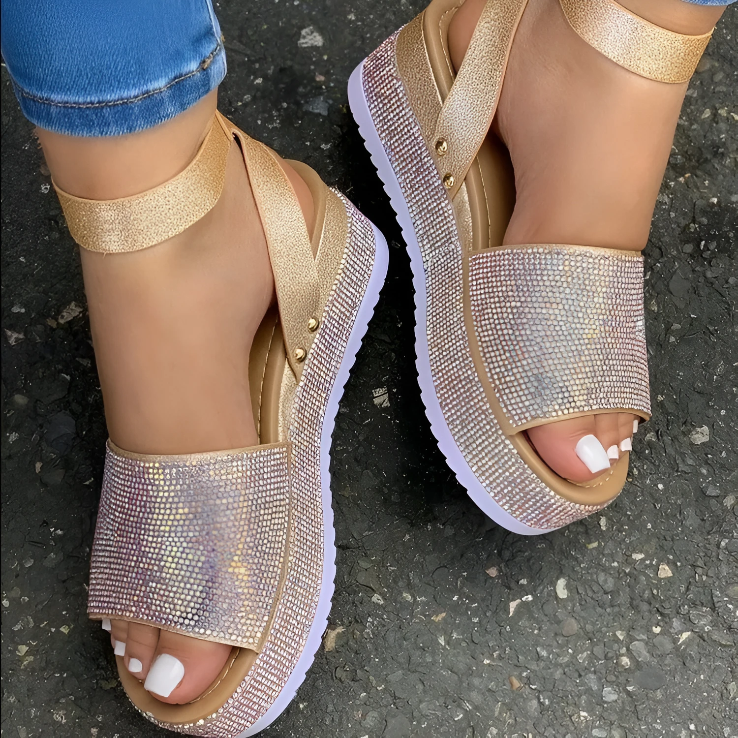 Rhinestone platform sandals for women in black with PU upper and rubber sole