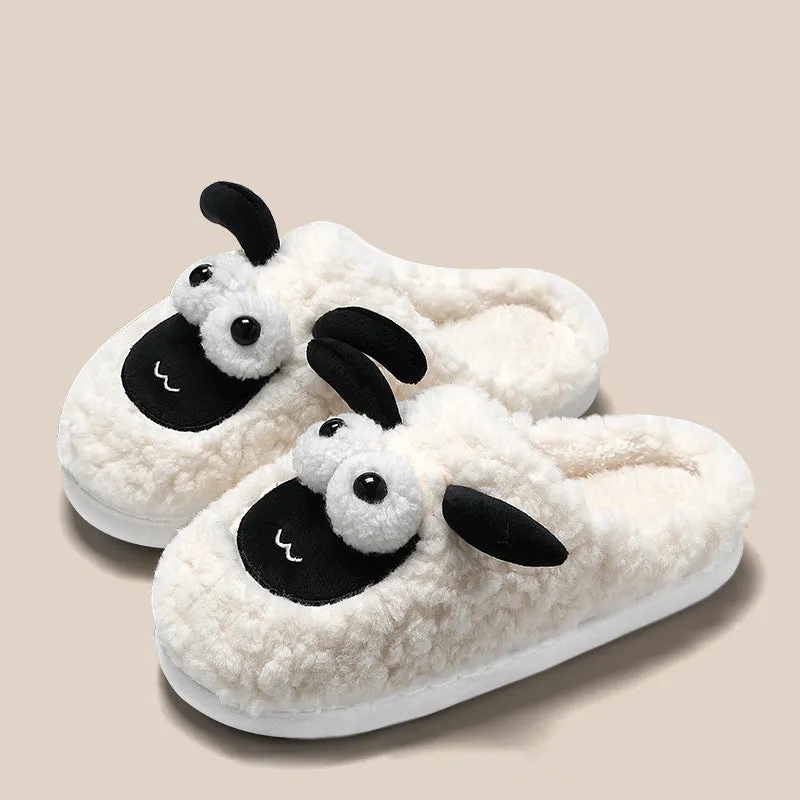 Brown lamb thermal cotton slip-on slippers with suede upper on a wooden floor.