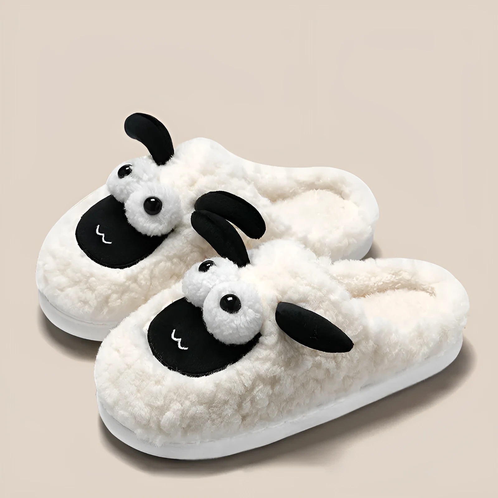 Brown lamb thermal cotton slip-on slippers with suede upper on a wooden floor.