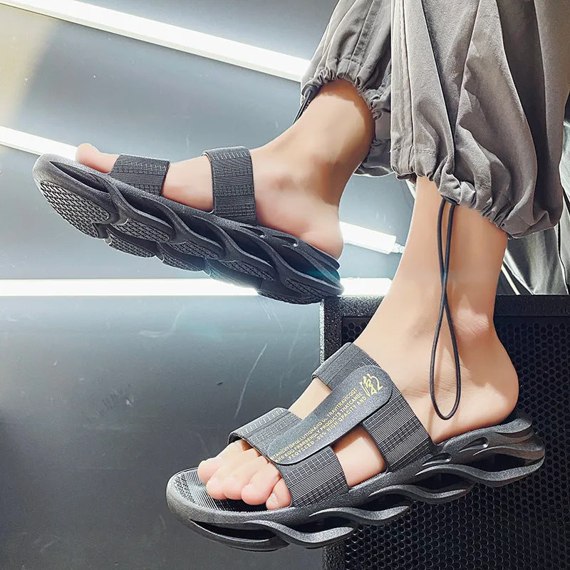 Men's casual outdoor flip-flops with plastic upper and EVA sole in black, beige, gray, and black gold