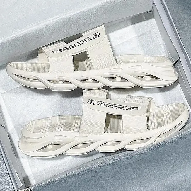 Men's casual outdoor flip-flops with plastic upper and EVA sole in black, beige, gray, and black gold