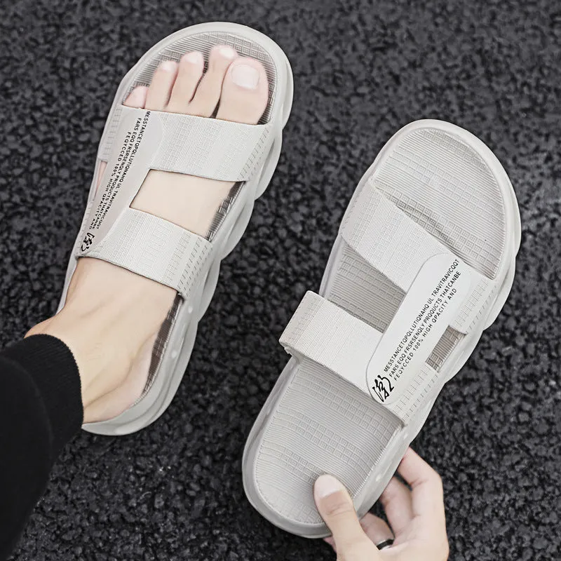 Men's casual outdoor flip-flops with plastic upper and EVA sole in black, beige, gray, and black gold