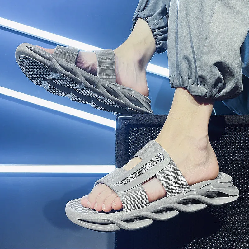 Men's casual outdoor flip-flops with plastic upper and EVA sole in black, beige, gray, and black gold