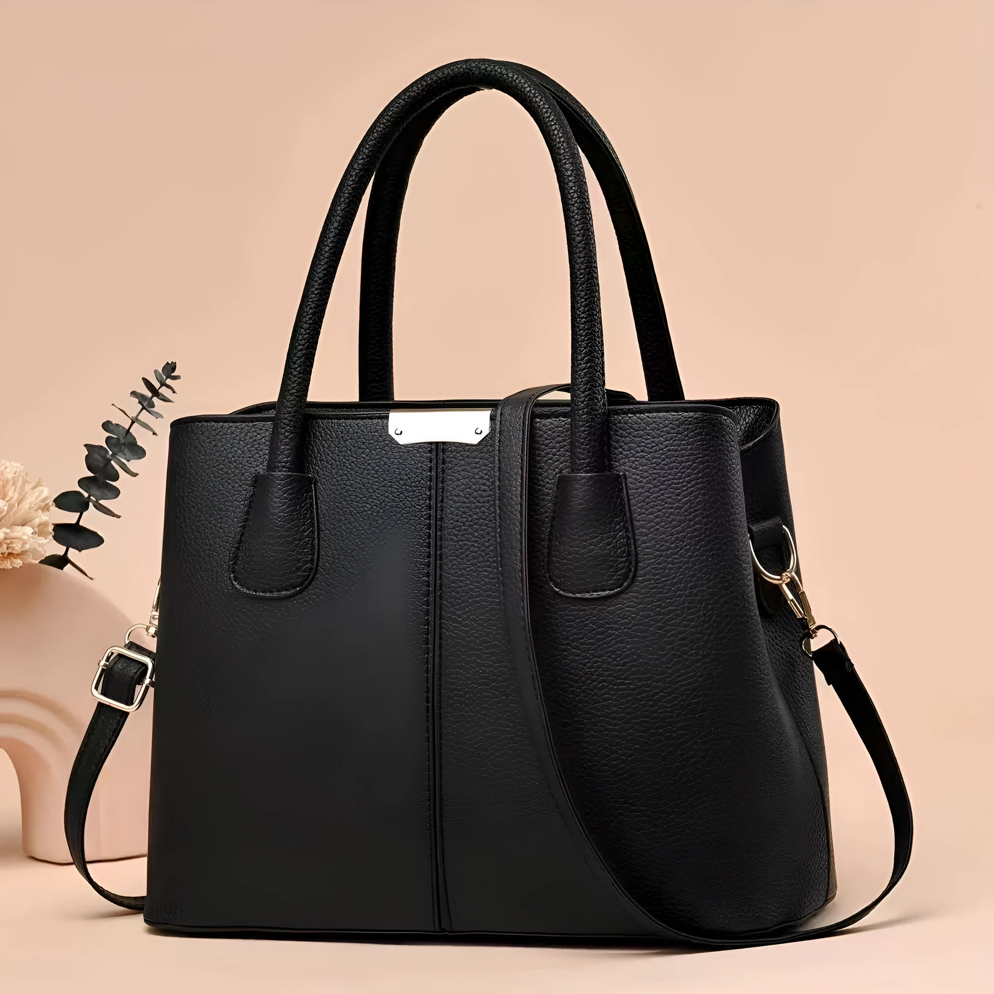 Women's PU crossbody shoulder bag horizontal square shape 29x23x14cm black splicing design