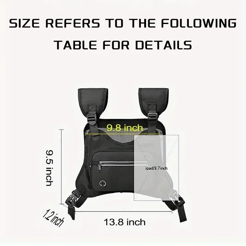 Black outdoor sports chest bag with reflective trim and adjustable straps suitable for running cycling hiking