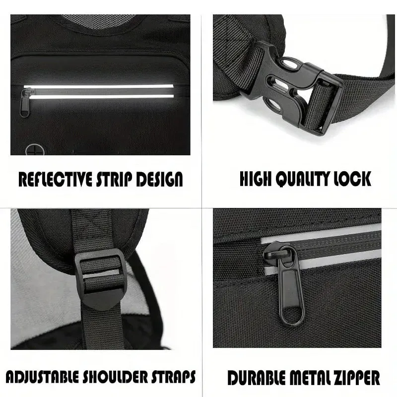 Black outdoor sports chest bag with reflective trim and adjustable straps suitable for running cycling hiking