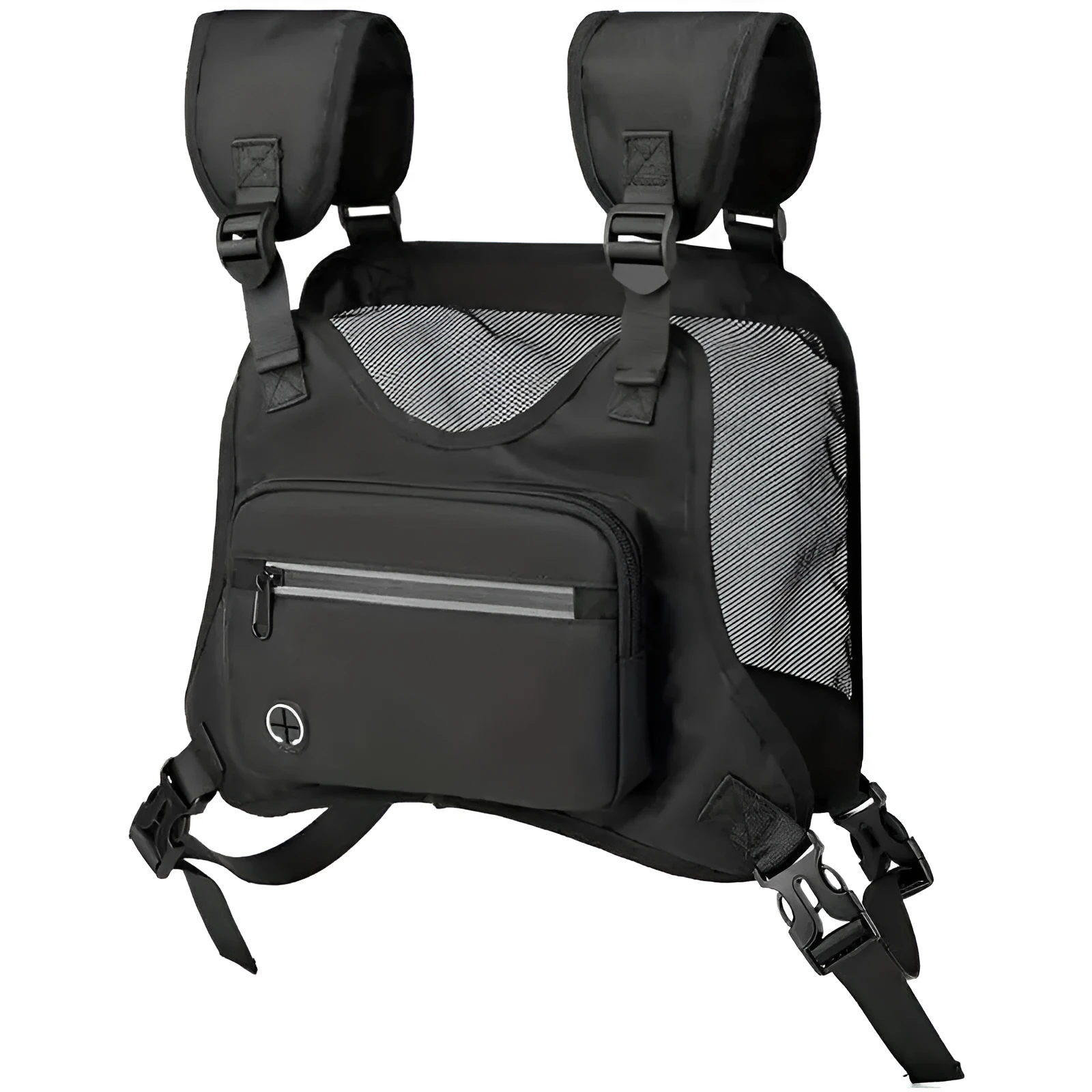 Black outdoor sports chest bag with reflective trim and adjustable straps suitable for running cycling hiking