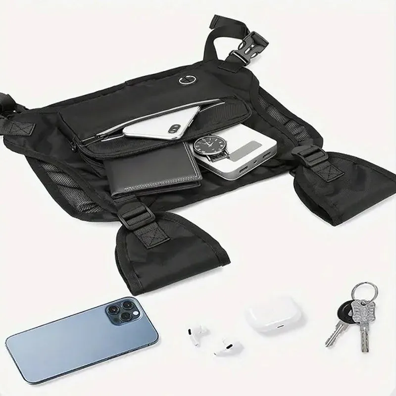Black outdoor sports chest bag with reflective trim and adjustable straps suitable for running cycling hiking