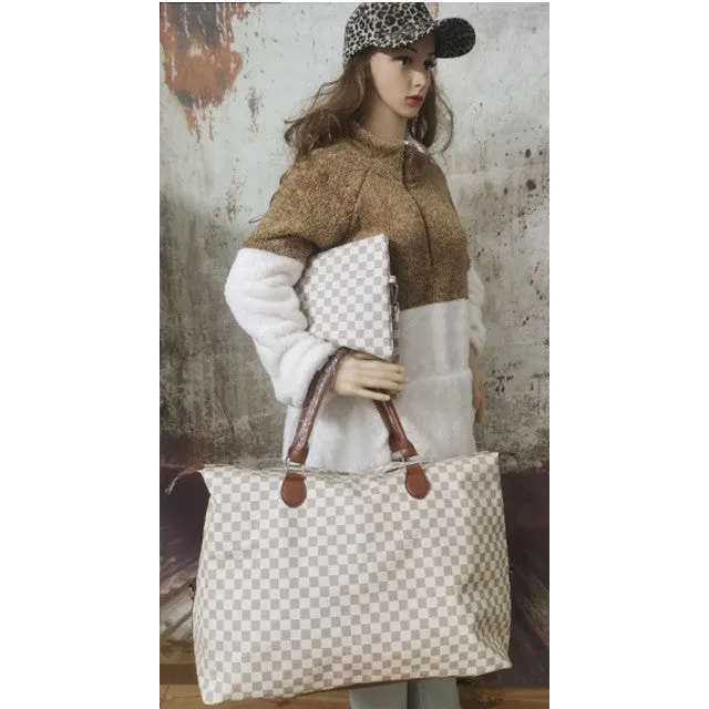 PU leather plaid travel bag set with large bag and detachable small pouch on white background