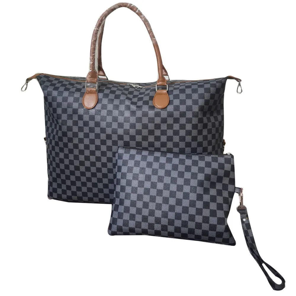 PU leather plaid travel bag set with large bag and detachable small pouch on white background