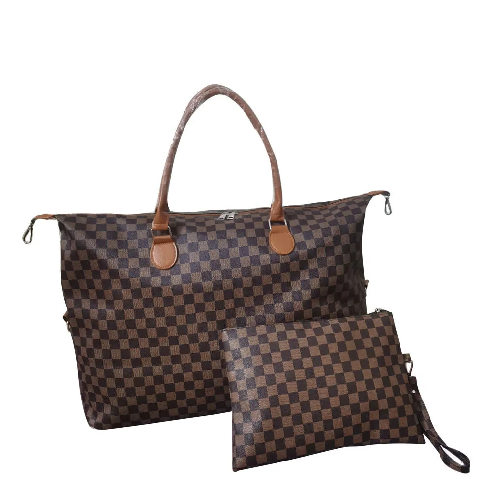 PU leather plaid travel bag set with large bag and detachable small pouch on white background