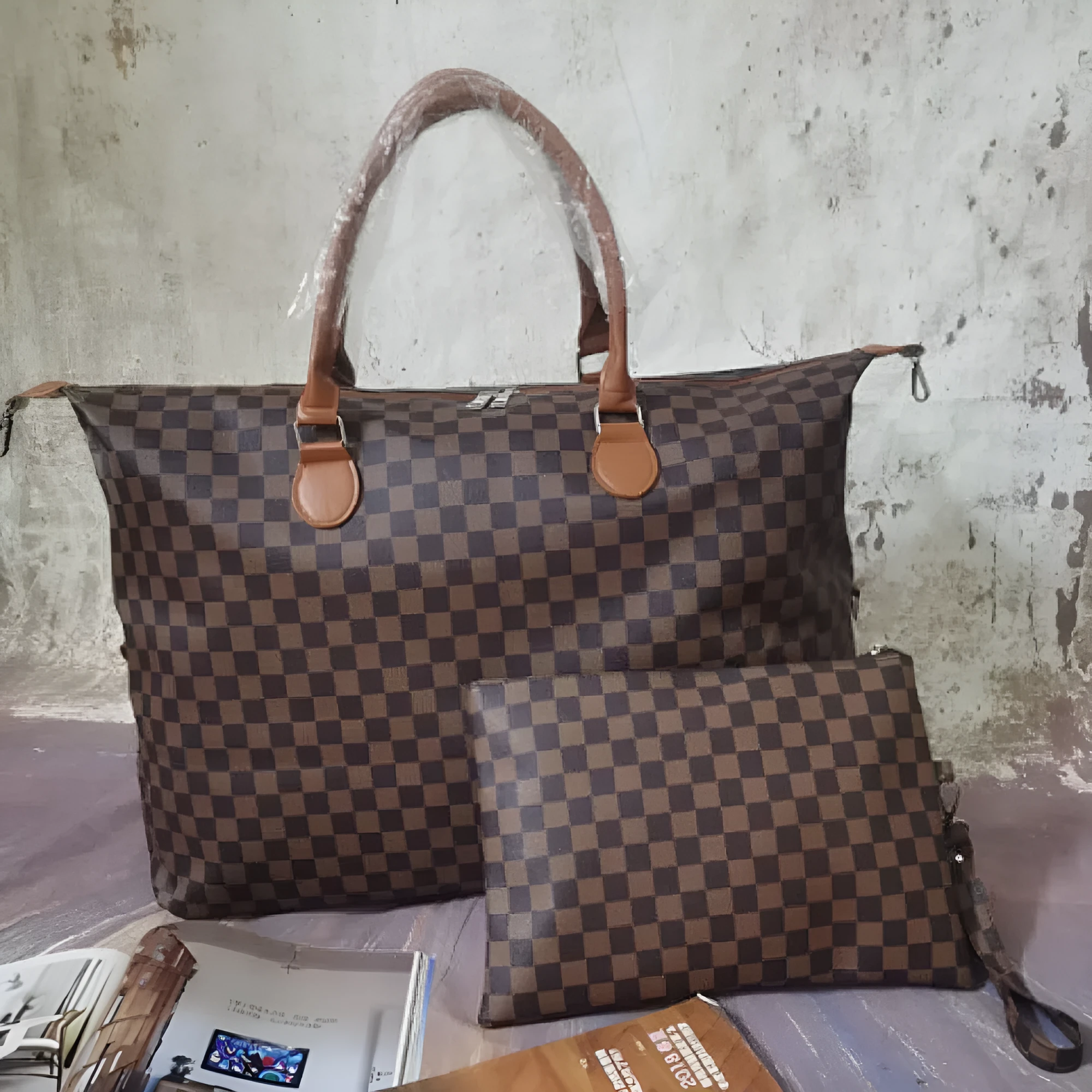 PU leather plaid travel bag set with large bag and detachable small pouch on white background