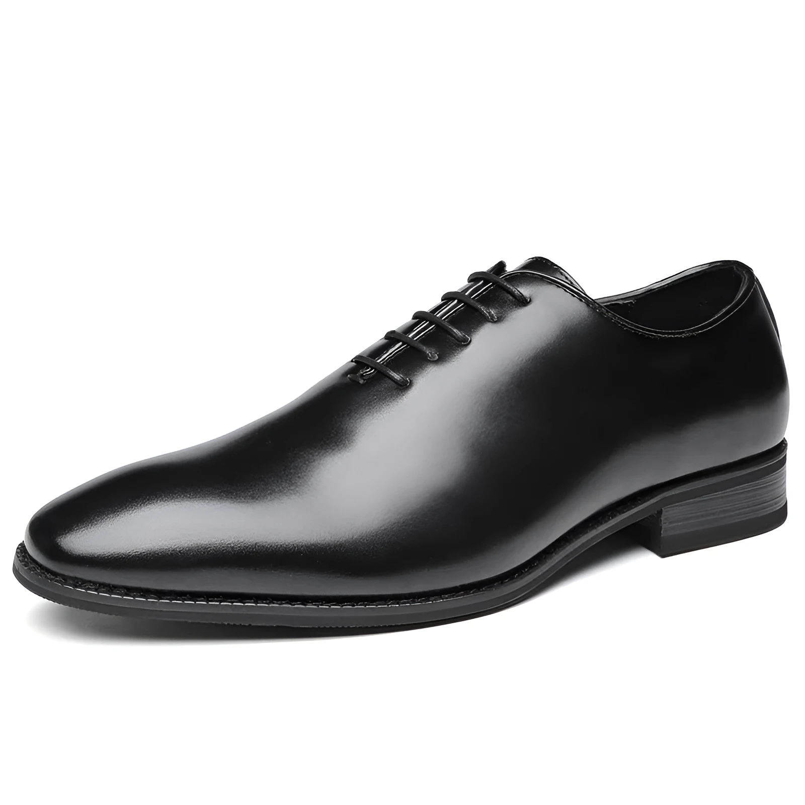 Men's black hand-polished leather business shoes with rubber sole and small round toe