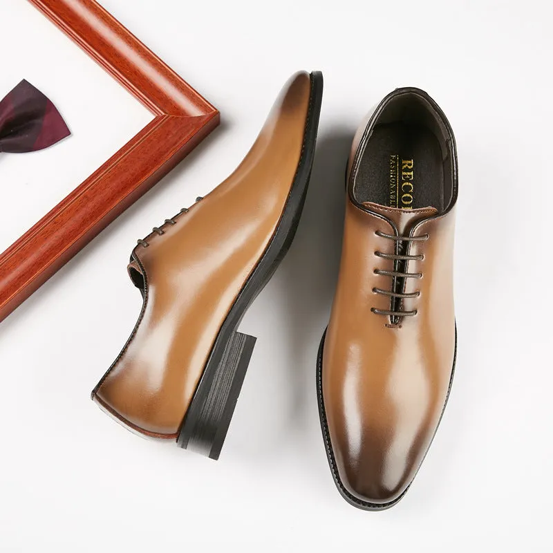 Men's black hand-polished leather business shoes with rubber sole and small round toe