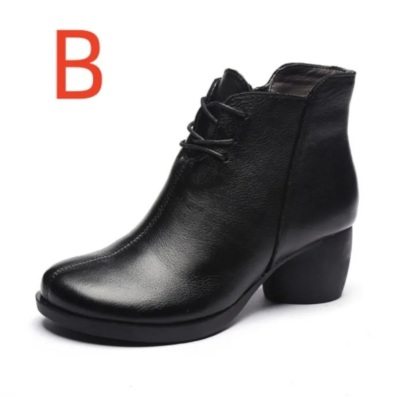 Women's brown leather Martin boots with a thick round heel and round toe.