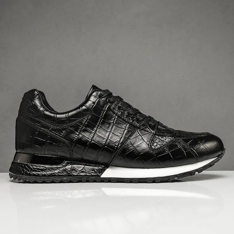 Crocodile pattern elevated leather shoes for men, wedge heel, sheepskin lining, black colour