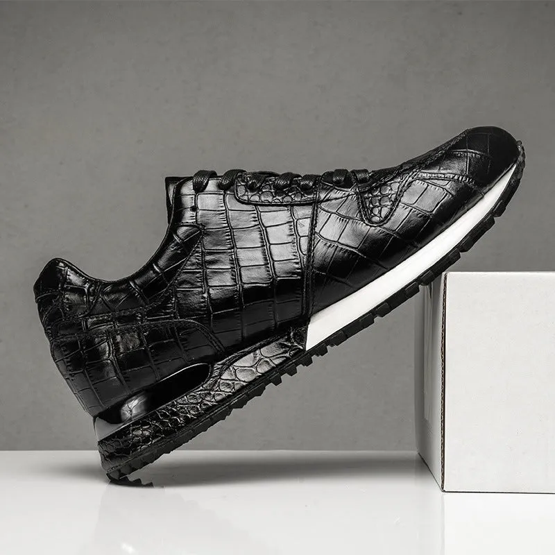 Crocodile pattern elevated leather shoes for men, wedge heel, sheepskin lining, black colour