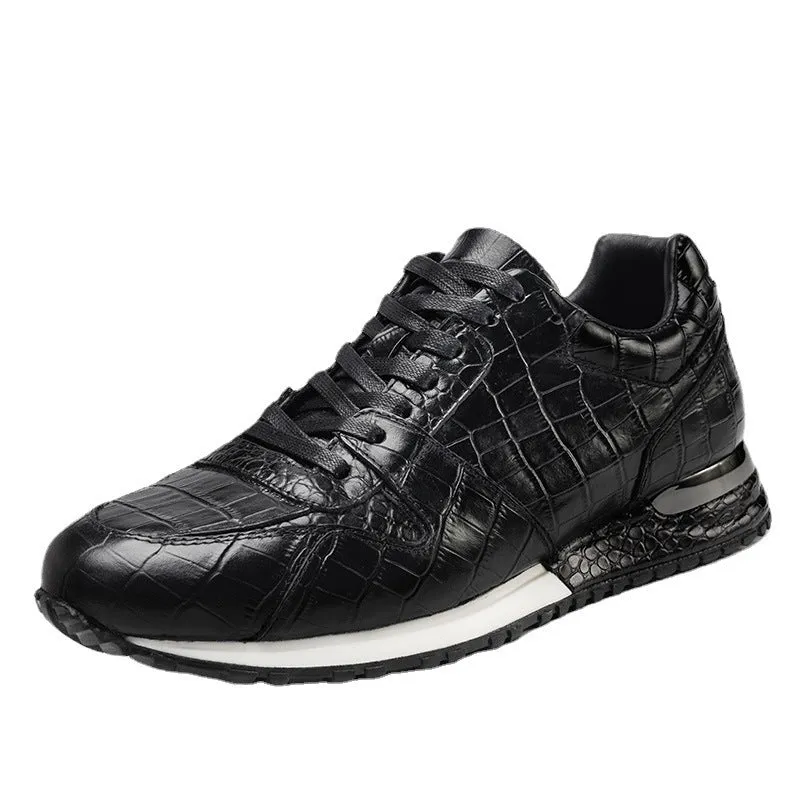Crocodile pattern elevated leather shoes for men, wedge heel, sheepskin lining, black colour