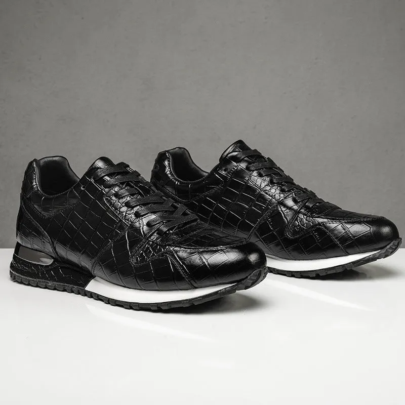 Crocodile pattern elevated leather shoes for men, wedge heel, sheepskin lining, black colour