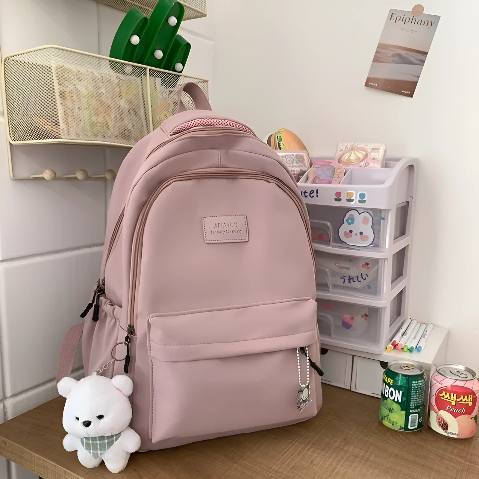 Large capacity nylon backpack for women, waterproof and wear-resistant, in solid colour with zips and straps