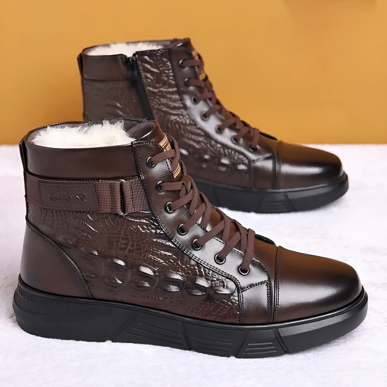 Women's black genuine leather lace-up winter boots with velvet detail and snow cotton lining.