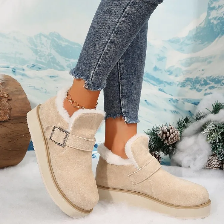 Women's winter buckle snow boots in beige with thick sole and round toe