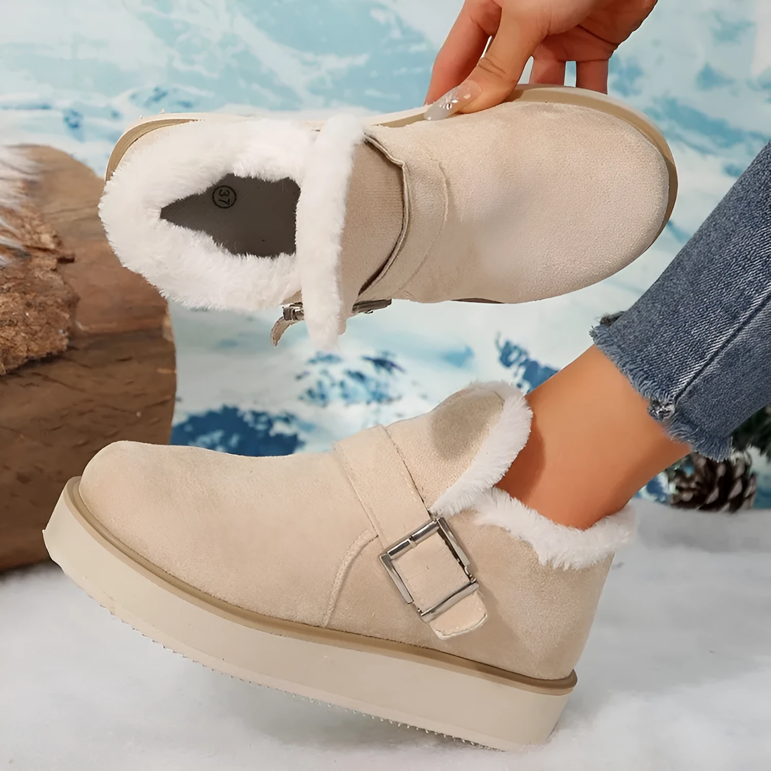 Women's winter buckle snow boots in beige with thick sole and round toe