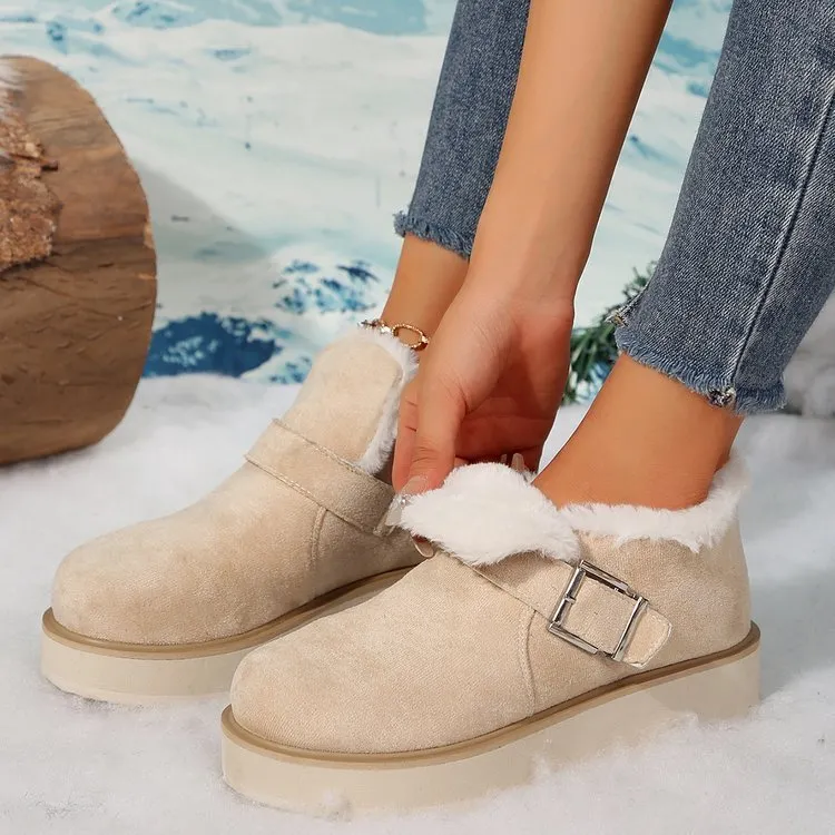 Women's winter buckle snow boots in beige with thick sole and round toe