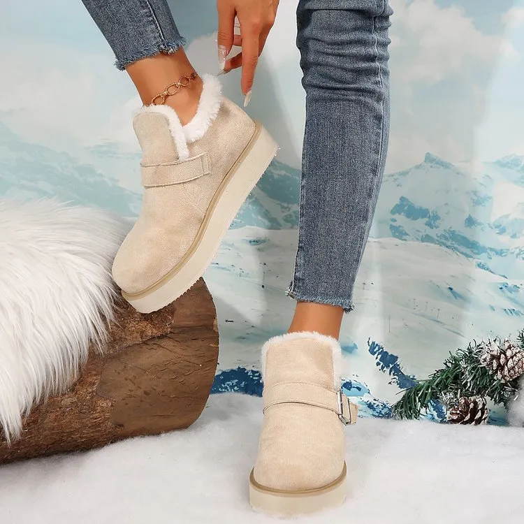 Women's winter buckle snow boots in beige with thick sole and round toe