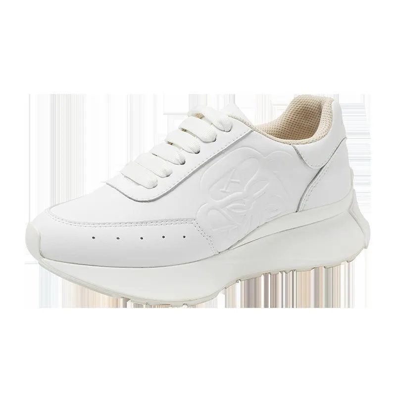 Women's leather sports casual shoes white tail colour, high top raised bottom, two-layer cowhide upper, round toe lace-up