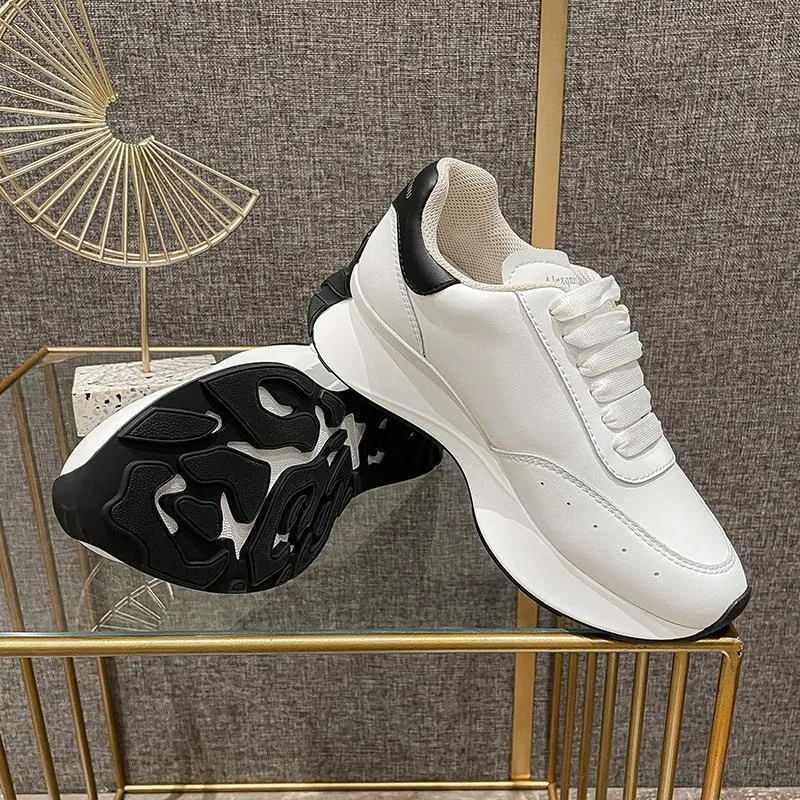 Women's leather sports casual shoes white tail colour, high top raised bottom, two-layer cowhide upper, round toe lace-up