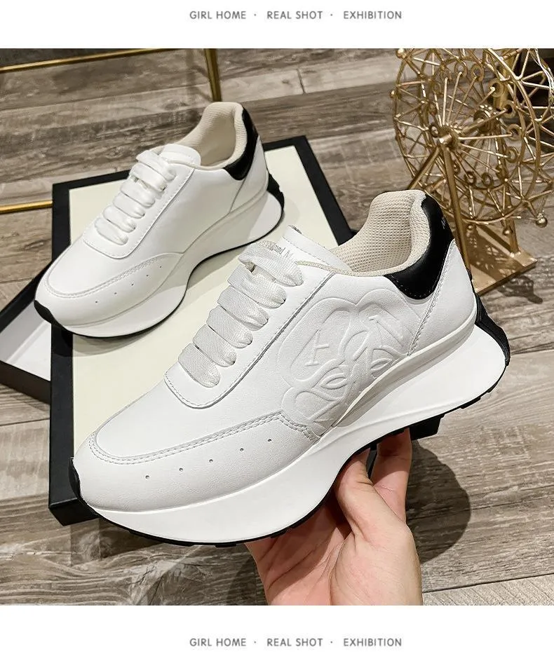 Women's leather sports casual shoes white tail colour, high top raised bottom, two-layer cowhide upper, round toe lace-up