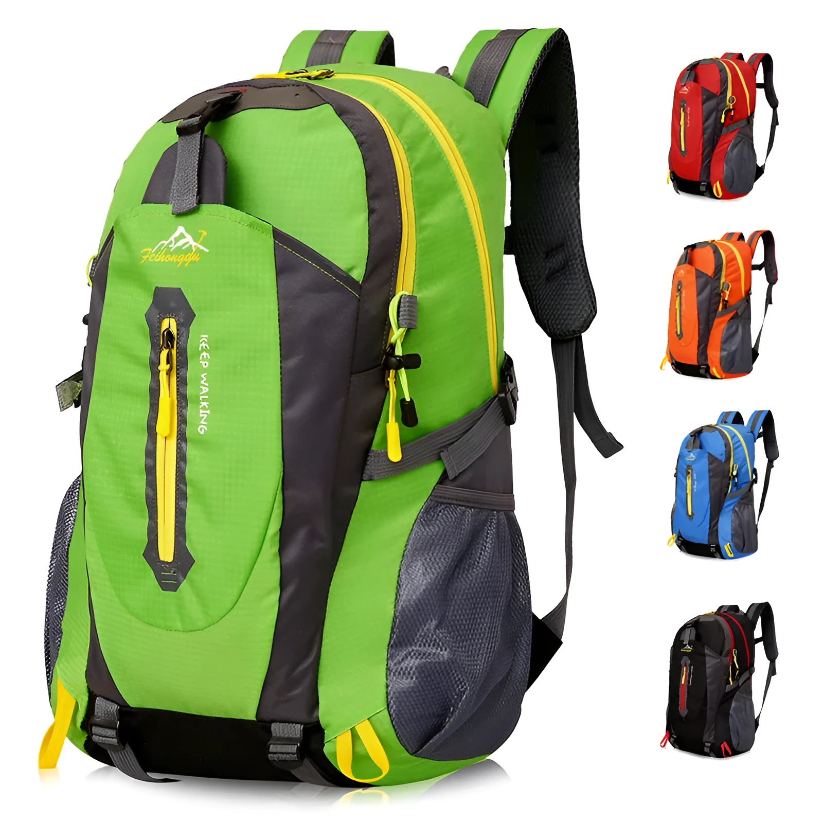 Oxford travel backpack for mountaineering 36-55L in green, plain pattern, side view