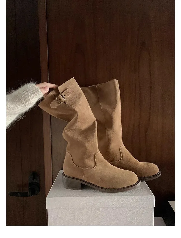 Cowhide suede below-the-knee boots with chunky heel, metal buckle, and round toe in khaki black grey