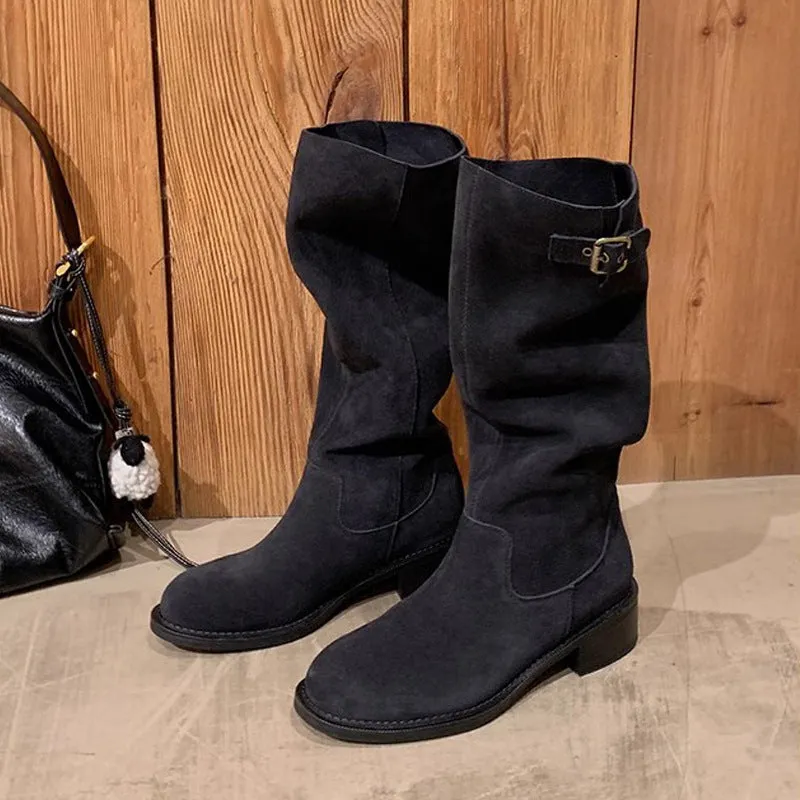 Cowhide suede below-the-knee boots with chunky heel, metal buckle, and round toe in khaki black grey