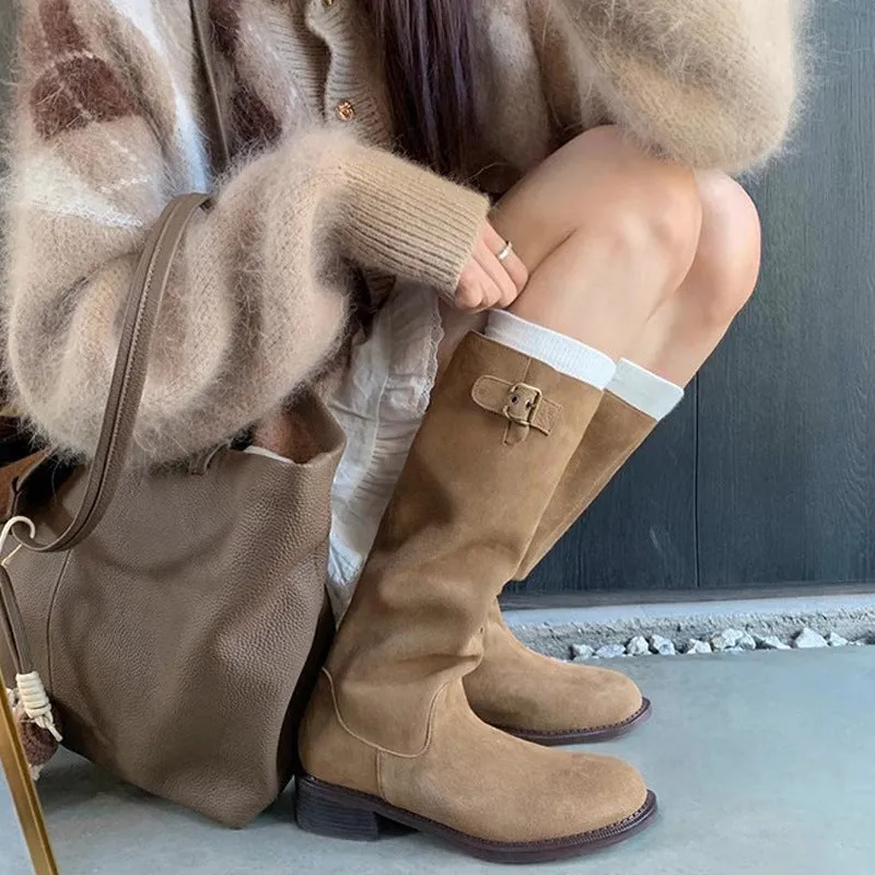 Cowhide suede below-the-knee boots with chunky heel, metal buckle, and round toe in khaki black grey