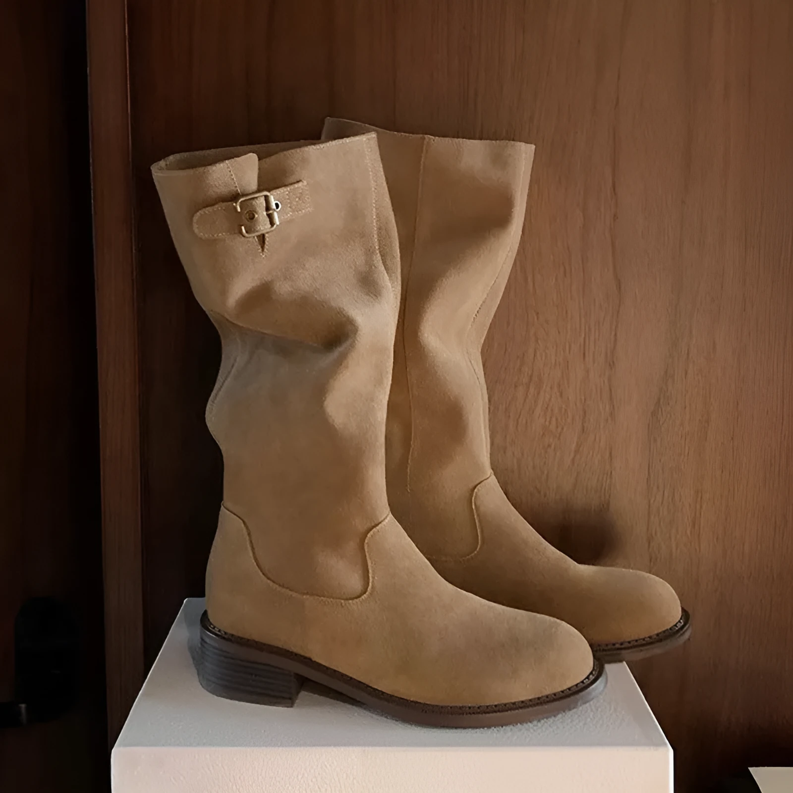 Cowhide suede below-the-knee boots with chunky heel, metal buckle, and round toe in khaki black grey