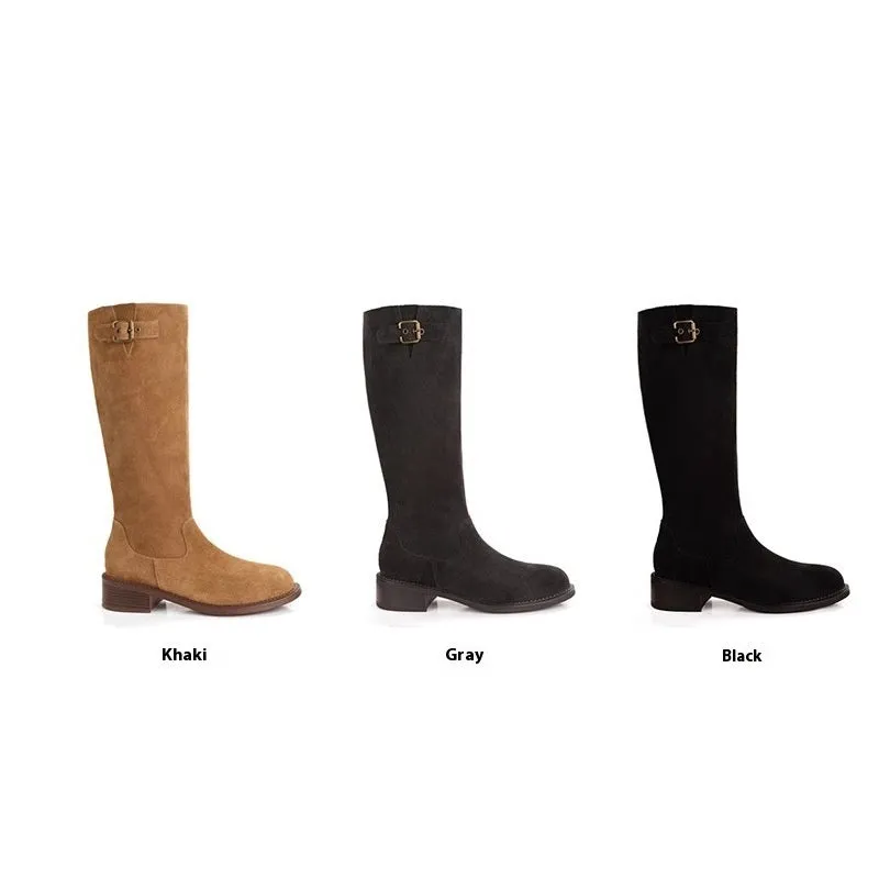 Cowhide suede below-the-knee boots with chunky heel, metal buckle, and round toe in khaki black grey