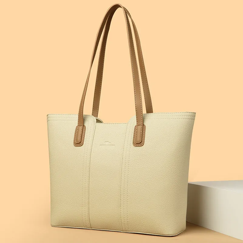 Women's genuine leather shoulder bag in milky white with three-dimensional outer pocket and waterproof finish